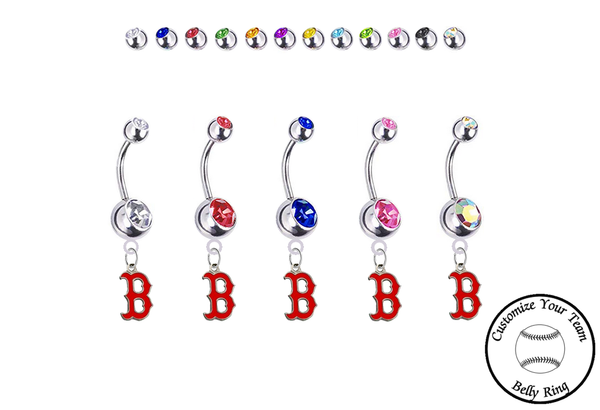 Boston Red Sox B Logo Silver Swarovski Belly Button Navel Ring - Customize Gem Colors