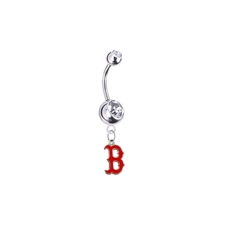 Boston Red Sox B Logo Silver Clear Swarovski Belly Button Navel Ring - Customize Gem Colors