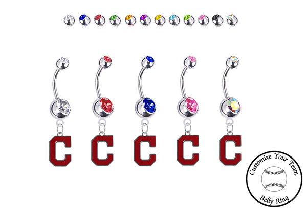 Cleveland Indians C Logo Silver Swarovski Belly Button Navel Ring - Customize Gem Colors
