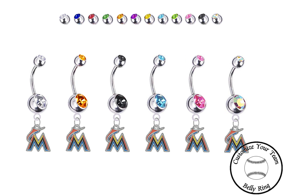 Miami Marlins Silver Swarovski Belly Button Navel Ring - Customize Gem Colors