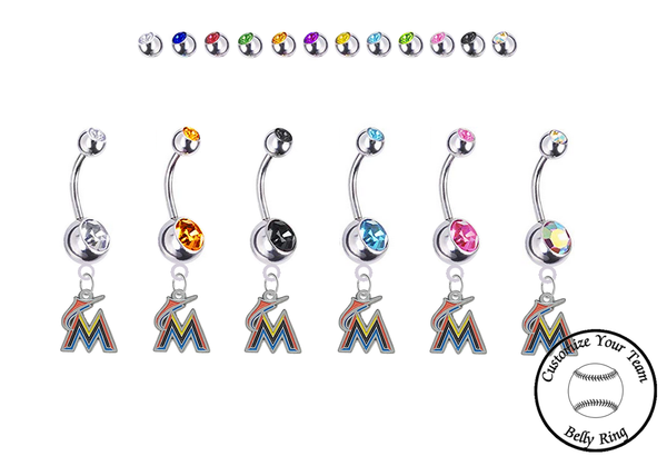 Miami Marlins Silver Swarovski Belly Button Navel Ring - Customize Gem Colors
