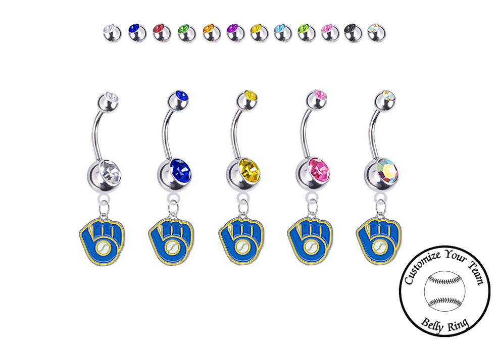 Milwaukee Brewers Retro Silver Swarovski Belly Button Navel Ring - Customize Gem Colors