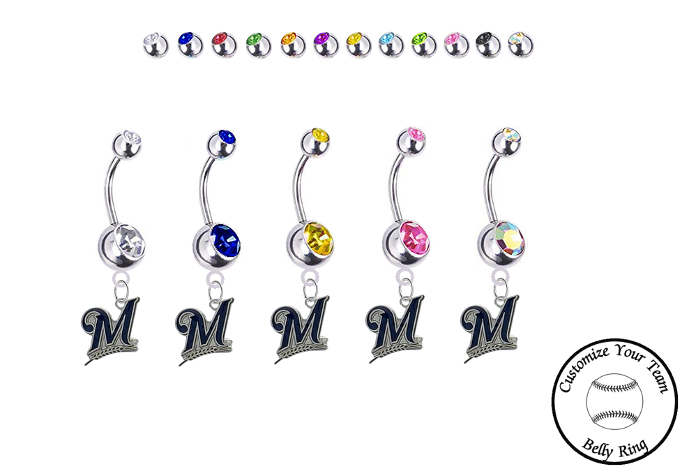 Milwaukee Brewers Silver Swarovski Belly Button Navel Ring - Customize Gem Colors