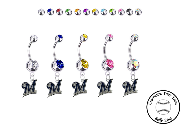 Milwaukee Brewers Silver Swarovski Belly Button Navel Ring - Customize Gem Colors