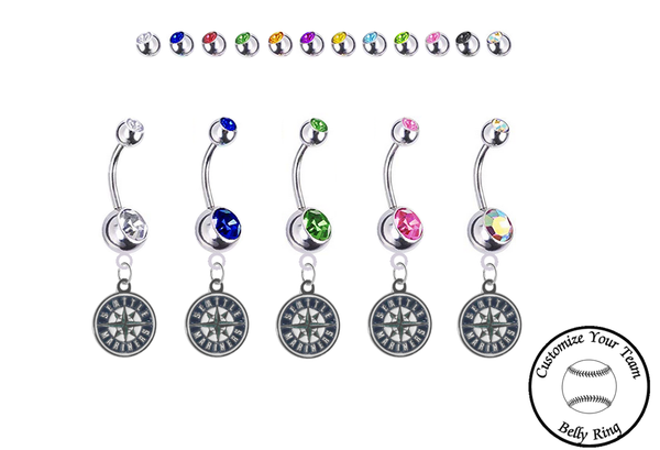 Seattle Mariners Silver Swarovski Belly Button Navel Ring - Customize Gem Colors