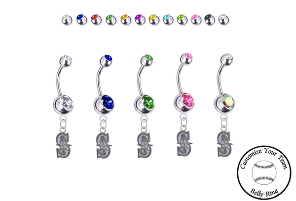 Seattle Mariners Style 2 Silver Swarovski Belly Button Navel Ring - Customize Gem Colors