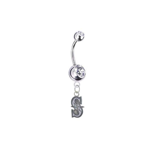 Seattle Mariners Style 2 Silver Clear Swarovski Belly Button Navel Ring - Customize Gem Colors