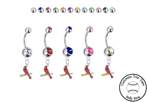 St Louis Cardinals Style 3 Silver Swarovski Belly Button Navel Ring - Customize Gem Colors