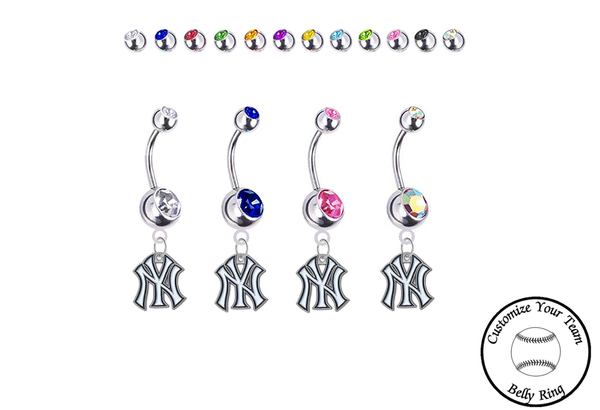 New York Yankees Silver Swarovski Belly Button Navel Ring - Customize Gem Colors