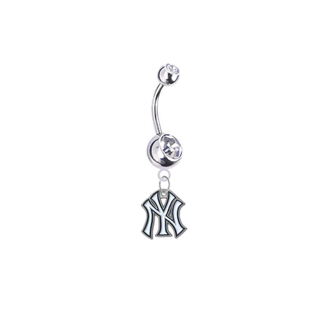 New York Yankees Silver Clear Swarovski Belly Button Navel Ring - Customize Gem Colors