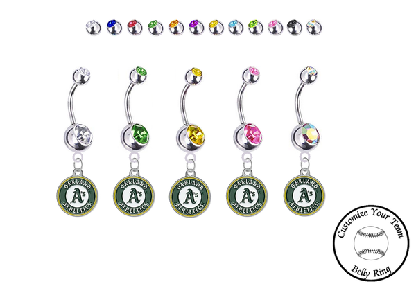 Oakland Athletics Silver Swarovski Belly Button Navel Ring - Customize Gem Colors