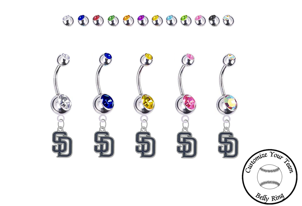 San Diego Padres Silver Swarovski Belly Button Navel Ring - Customize Gem Colors