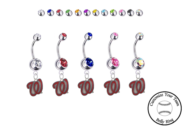 Washington Nationals Style 2 Silver Swarovski Belly Button Navel Ring - Customize Gem Colors
