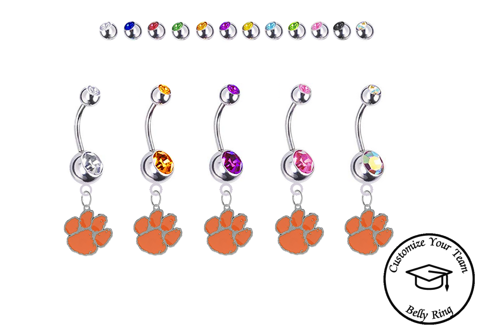Clemson Tigers Silver Swarovski Belly Button Navel Ring - Customize Gem Colors