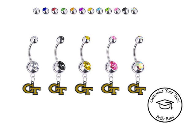 Georgia Tech Yellow Jackets Silver Swarovski Belly Button Navel Ring - Customize Gem Colors