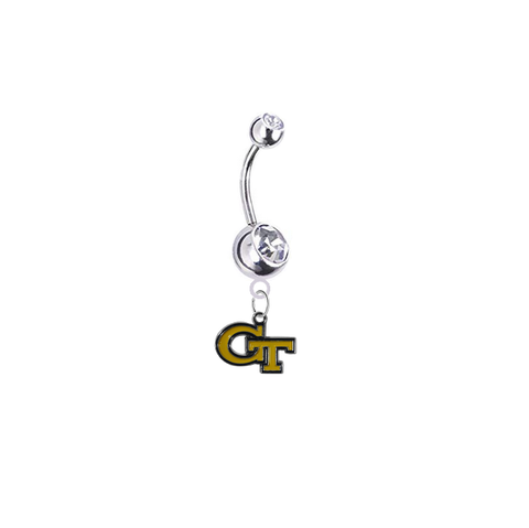 Georgia Tech Yellow Jackets Silver Clear Swarovski Belly Button Navel Ring - Customize Gem Colors