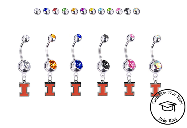 Illinois Fighting Illini Silver Swarovski Belly Button Navel Ring - Customize Gem Colors