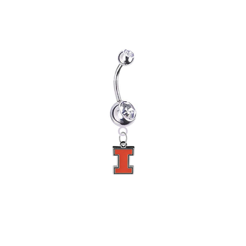 Illinois Fighting Illini Silver Clear Swarovski Belly Button Navel Ring - Customize Gem Colors