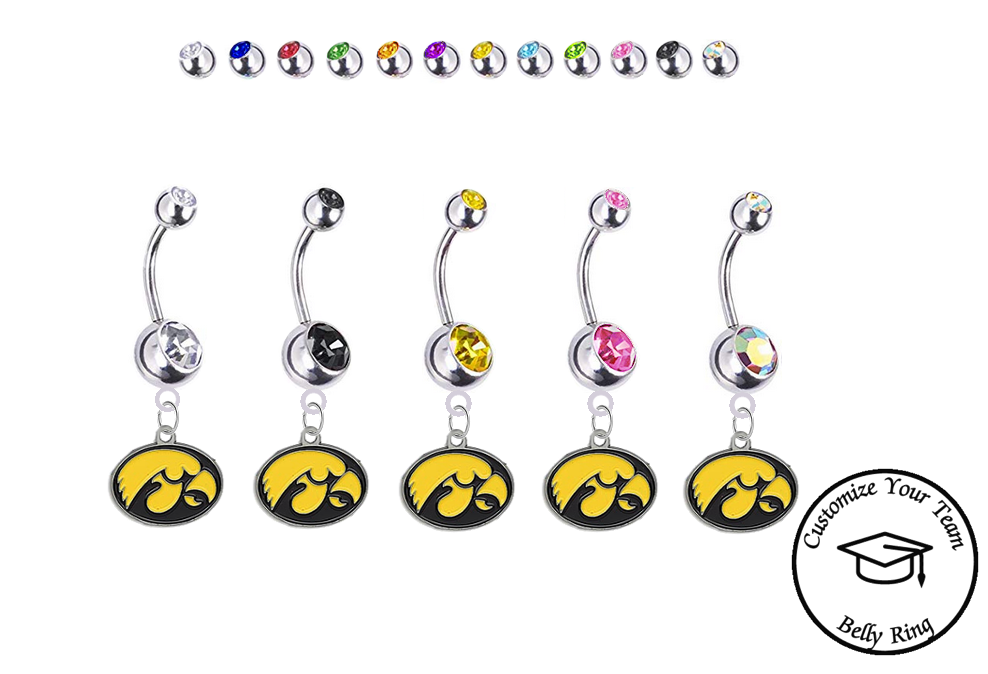 Iowa Hawkeyes Silver Swarovski Belly Button Navel Ring - Customize Gem Colors