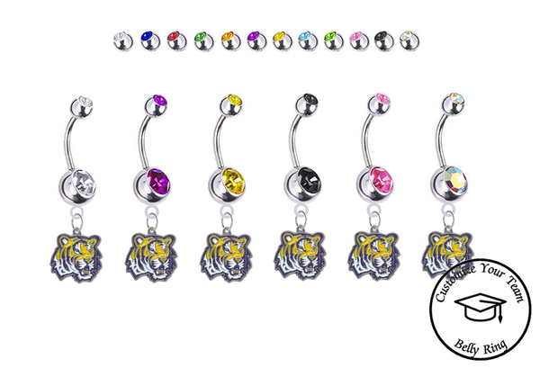 LSU Tigers Silver Swarovski Belly Button Navel Ring - Customize Gem Colors