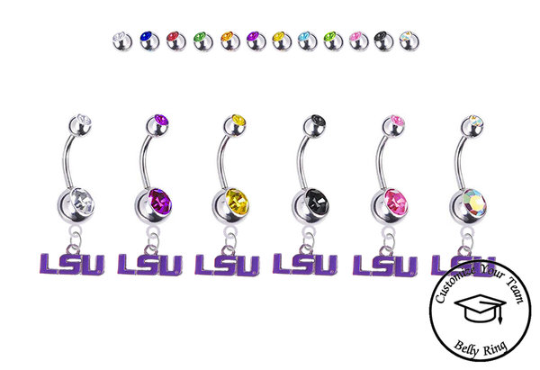 LSU Tigers Style 2 Silver Swarovski Belly Button Navel Ring - Customize Gem Colors