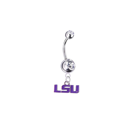 LSU Tigers Style 2 Silver Clear Swarovski Belly Button Navel Ring - Customize Gem Colors