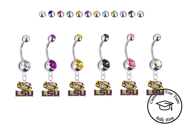 LSU Tigers Style 3 Silver Swarovski Belly Button Navel Ring - Customize Gem Colors