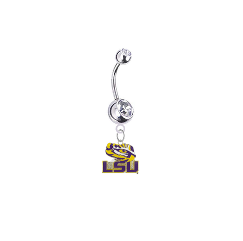 LSU Tigers Style 3 Silver Clear Swarovski Belly Button Navel Ring - Customize Gem Colors