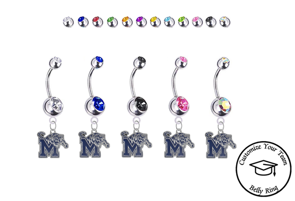 Memphis Tigers Silver Swarovski Belly Button Navel Ring - Customize Gem Colors