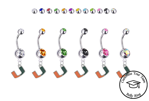 Miami Hurricanes Silver Swarovski Belly Button Navel Ring - Customize Gem Colors