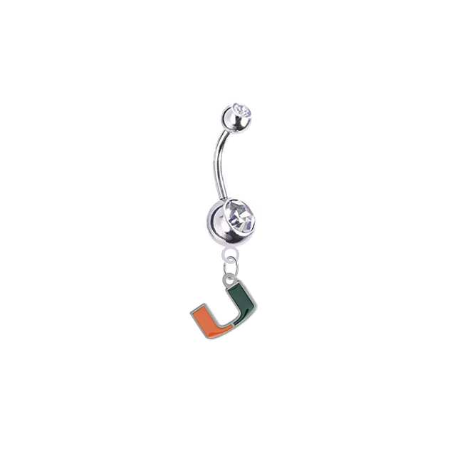 Miami Hurricanes Silver Clear Swarovski Belly Button Navel Ring - Customize Gem Colors