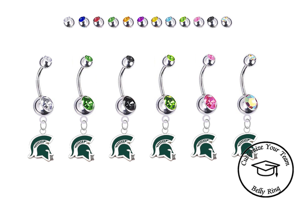 Michigan State Spartans Mascot Silver Swarovski Belly Button Navel Ring - Customize Gem Colors