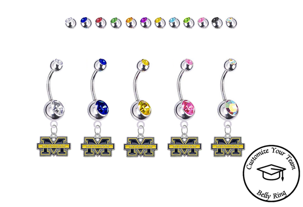 Michigan Wolverines Silver Swarovski Belly Button Navel Ring - Customize Gem Colors