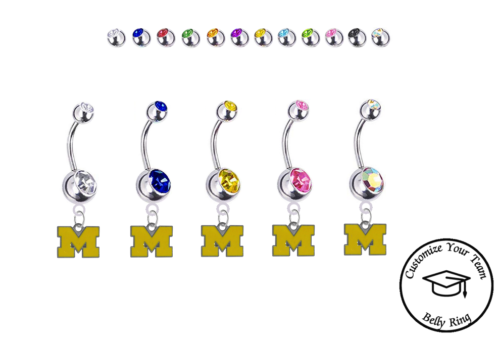 Michigan Wolverines Style 3 Silver Swarovski Belly Button Navel Ring - Customize Gem Colors