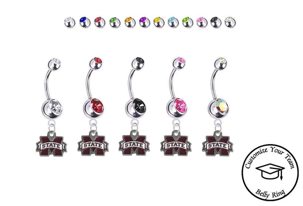 Mississippi State Bulldogs Silver Swarovski Belly Button Navel Ring - Customize Gem Colors