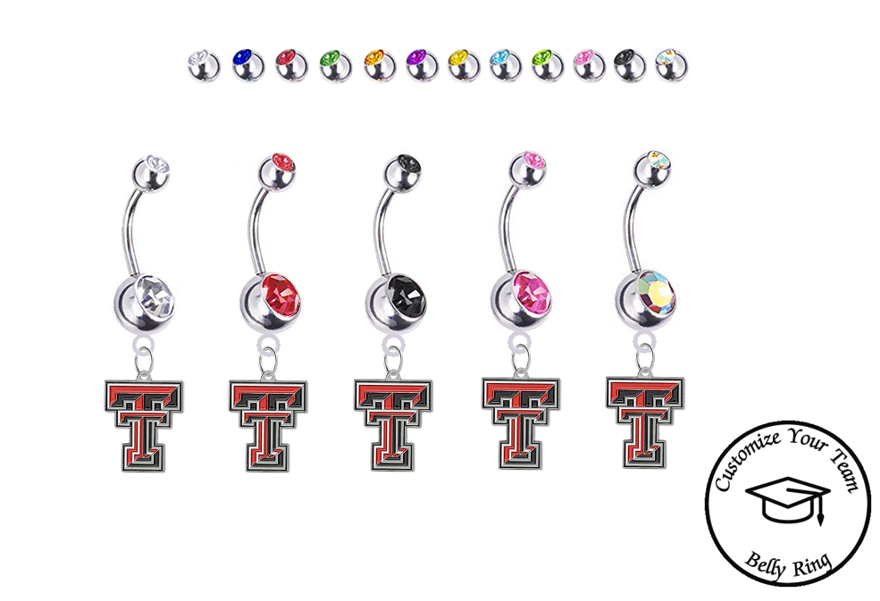 Texas Tech Red Raiders Silver Swarovski Belly Button Navel Ring - Customize Gem Colors
