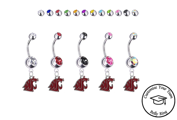 Washington State Cougars Silver Swarovski Belly Button Navel Ring - Customize Gem Colors