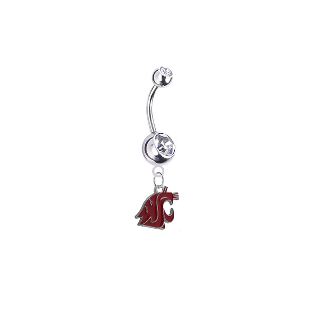 Washington State Cougars Silver Clear Swarovski Belly Button Navel Ring - Customize Gem Colors