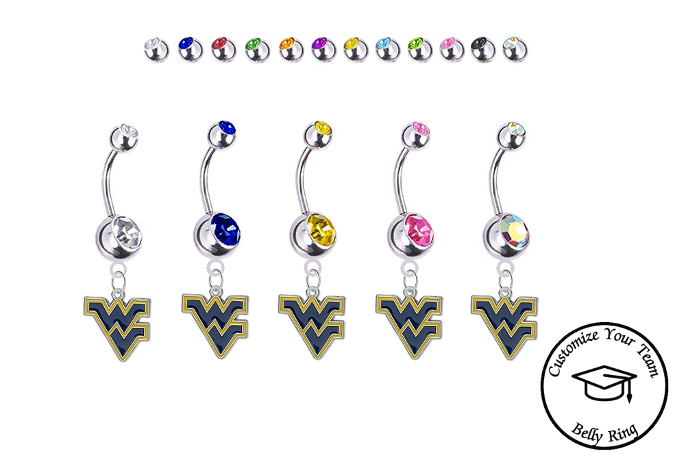 West Virginia Mountaineers Silver Swarovski Belly Button Navel Ring - Customize Gem Colors
