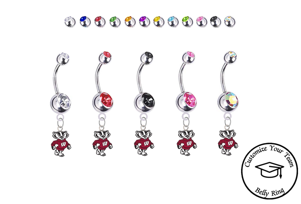 Wisconsin Badgers Mascot Silver Swarovski Belly Button Navel Ring - Customize Gem Colors