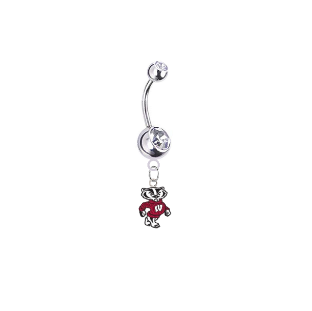 Wisconsin Badgers Mascot Silver Clear Swarovski Belly Button Navel Ring - Customize Gem Colors