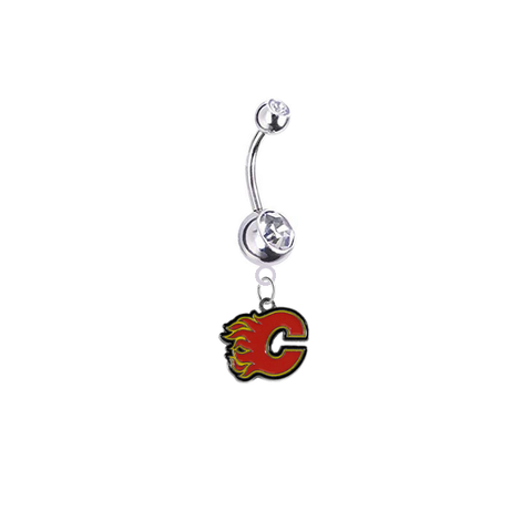 Calgary Flames Silver Clear Swarovski Belly Button Navel Ring - Customize Gem Colors
