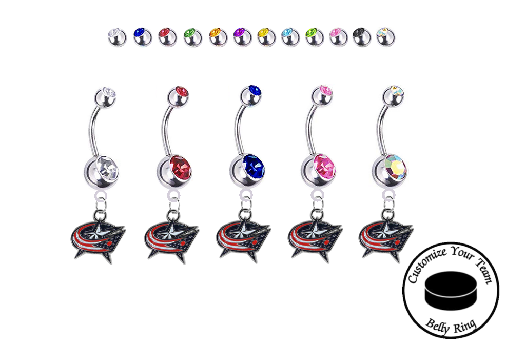 Columbus Blue Jackets Silver Swarovski Belly Button Navel Ring - Customize Gem Colors