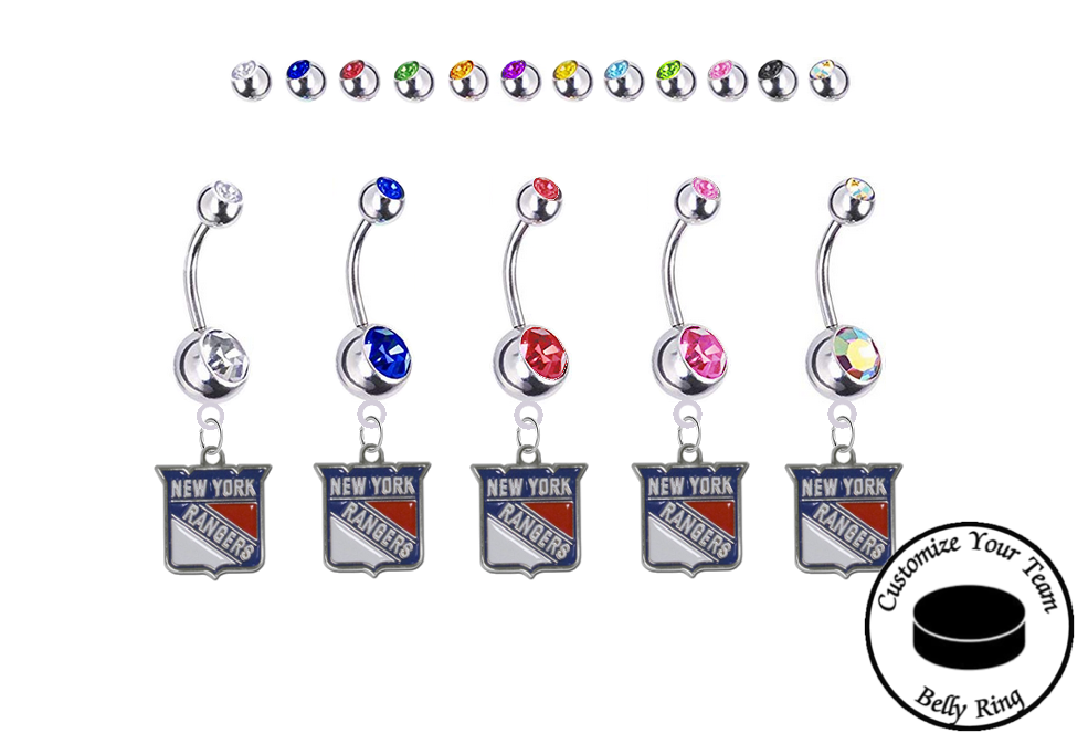 New York Rangers Silver Swarovski Belly Button Navel Ring - Customize Gem Colors