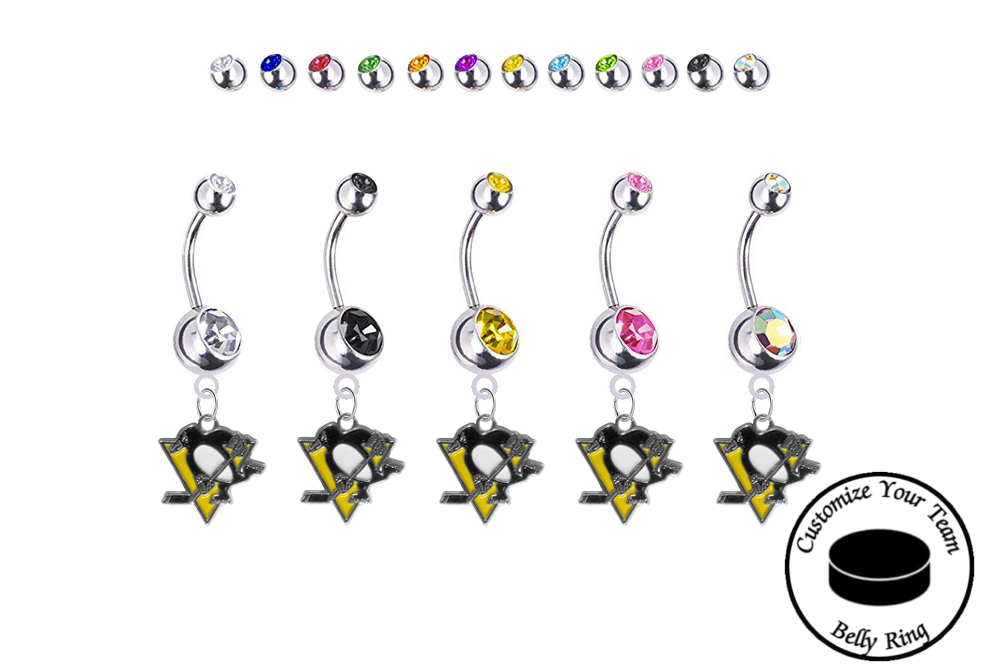 Pittsburgh Penguins Silver Swarovski Belly Button Navel Ring - Customize Gem Colors