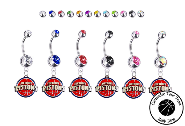 Detroit Pistons Silver Swarovski Belly Button Navel Ring - Customize Gem Colors