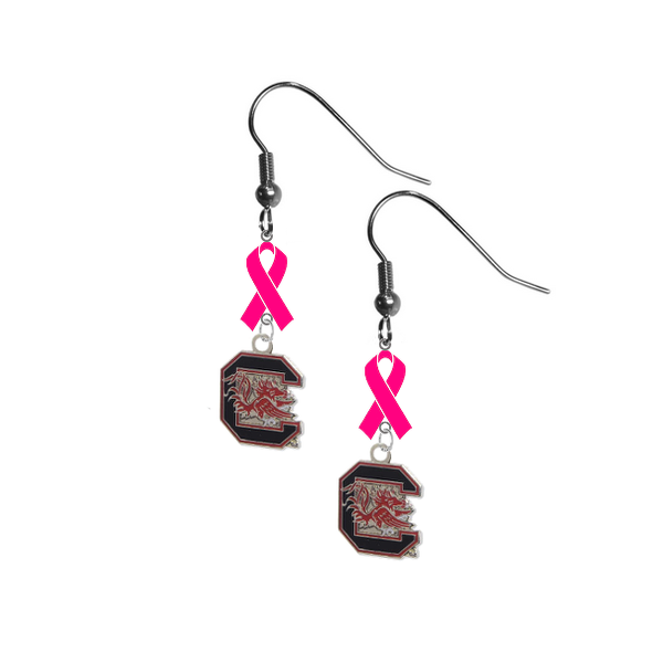 South Carolina Gamecocks Breast Cancer Awareness Hot Pink Ribbon Dangle Earrings