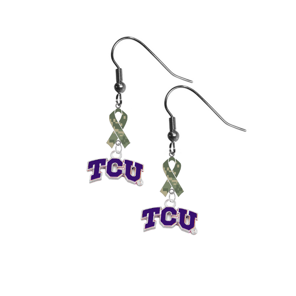 TCU Horned Frogs Salute to Service Camouflage Camo Ribbon Dangle Earrings