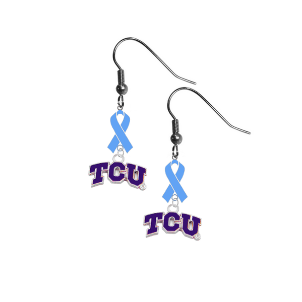TCU Horned Frogs Prostate Cancer Awareness Light Blue Ribbon Dangle Earrings