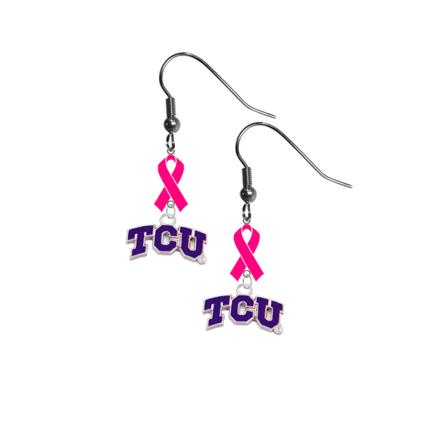 TCU Horned Frogs Breast Cancer Awareness Hot Pink Ribbon Dangle Earrings